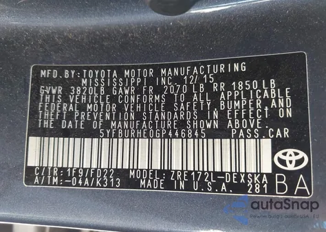 2016 Toyota Corolla S Plus z USA, uszkodzony, nr VIN 5YFBURHE0GP446845